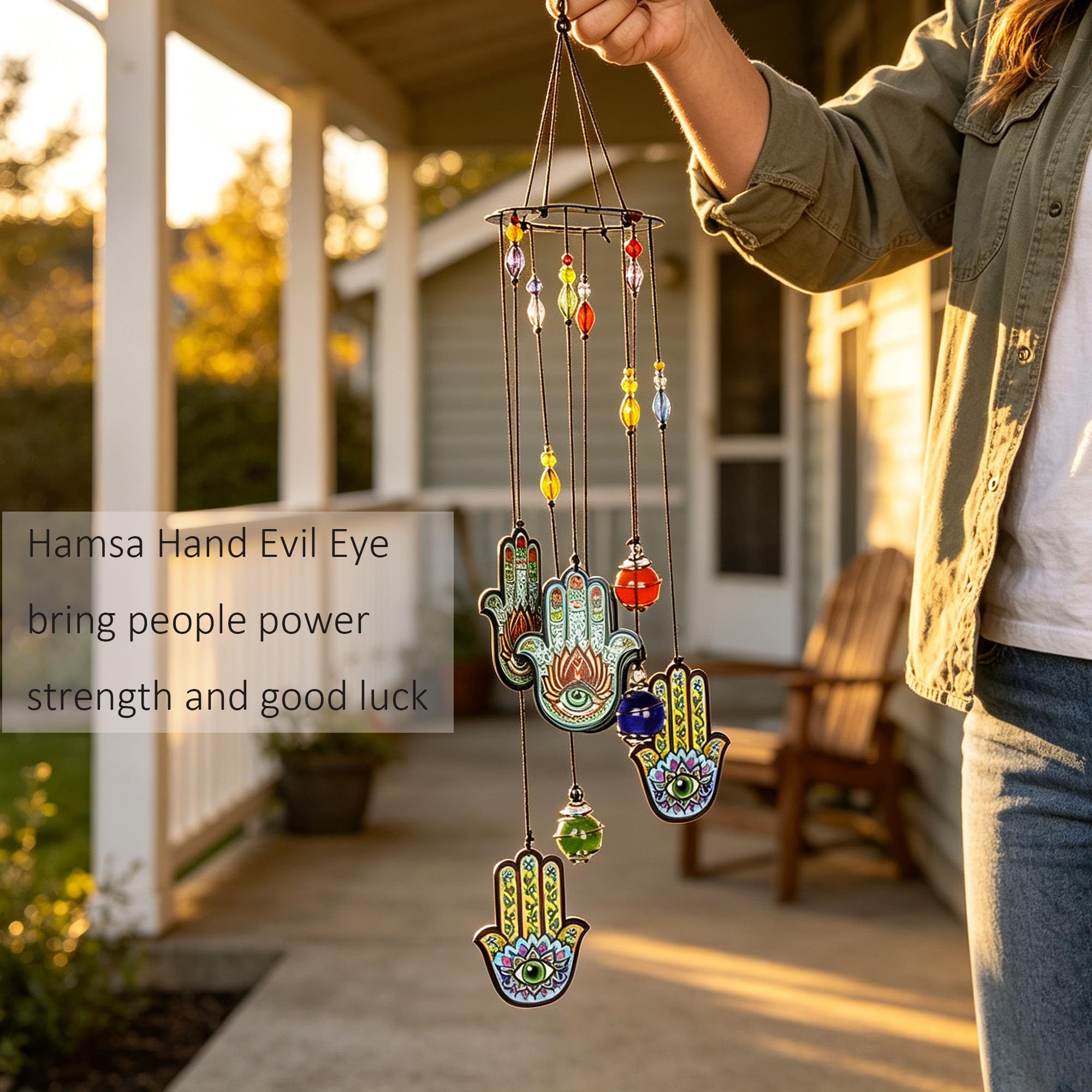 Hamsa Hand Metal Wind Chimes Outdoor Evil Eye Chakra Glass Beaded